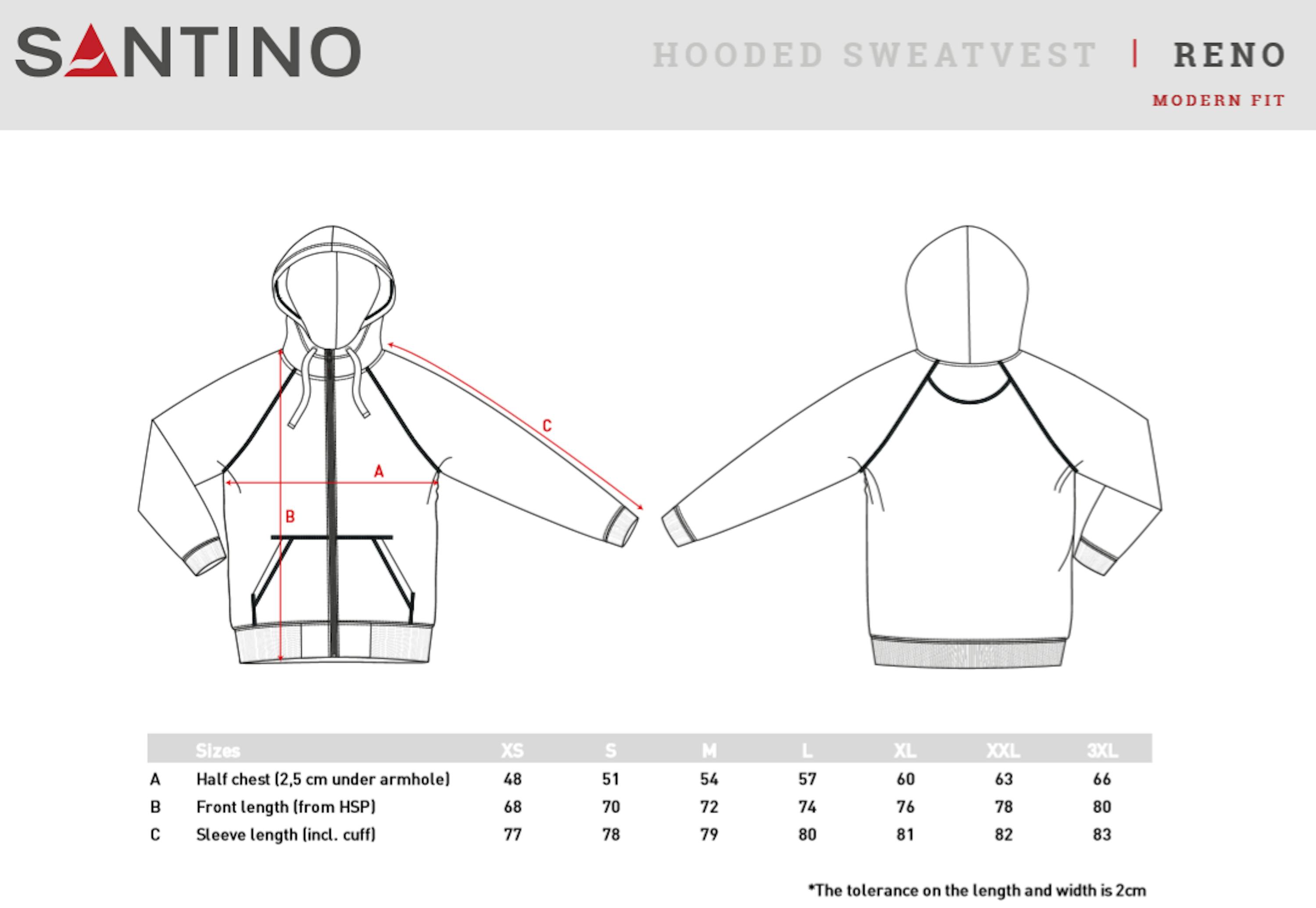 Maattabel voor Santino sweatvest Reno