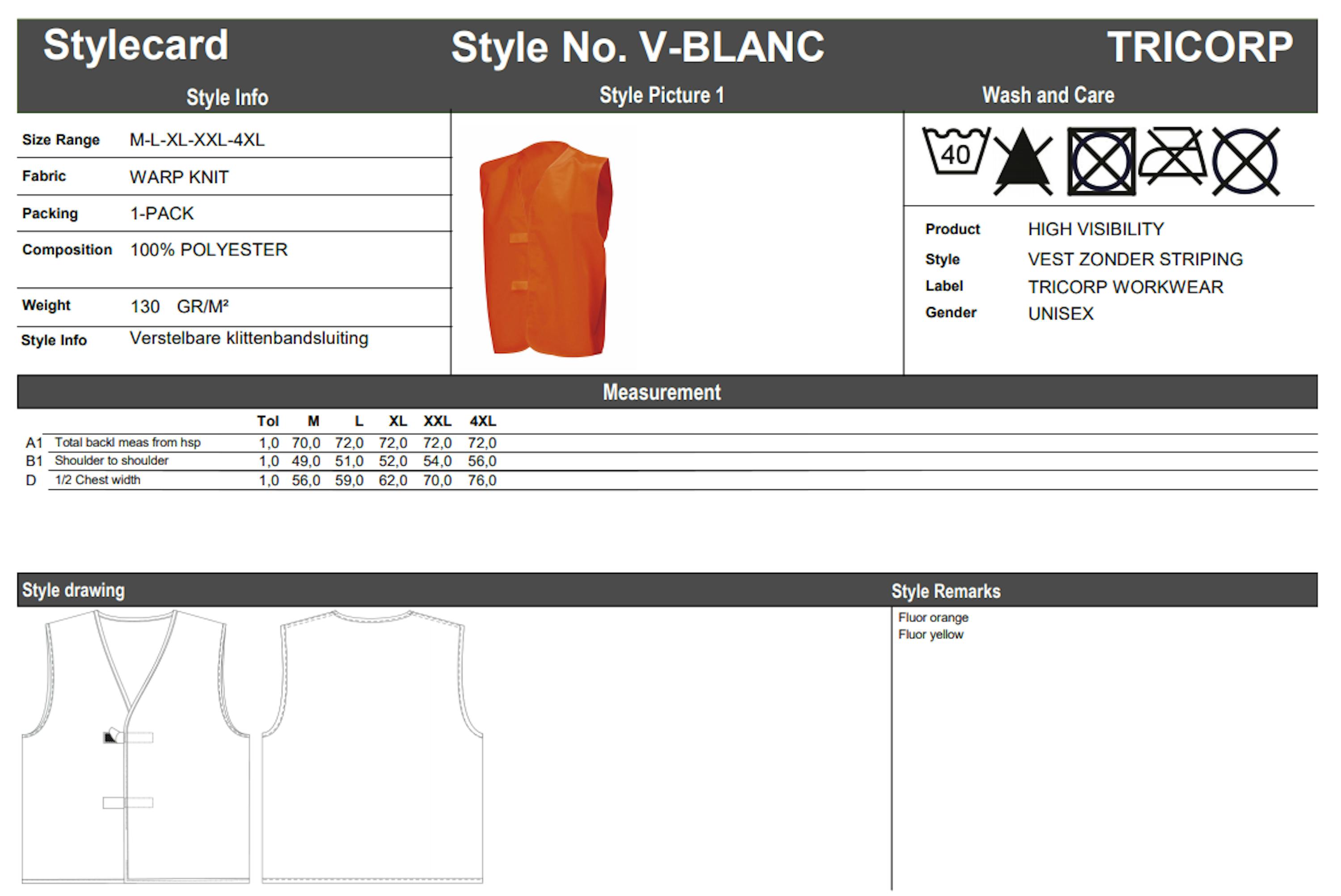 Maattabel voor Tricorp V-BLANC Vest zonder striping (453012)