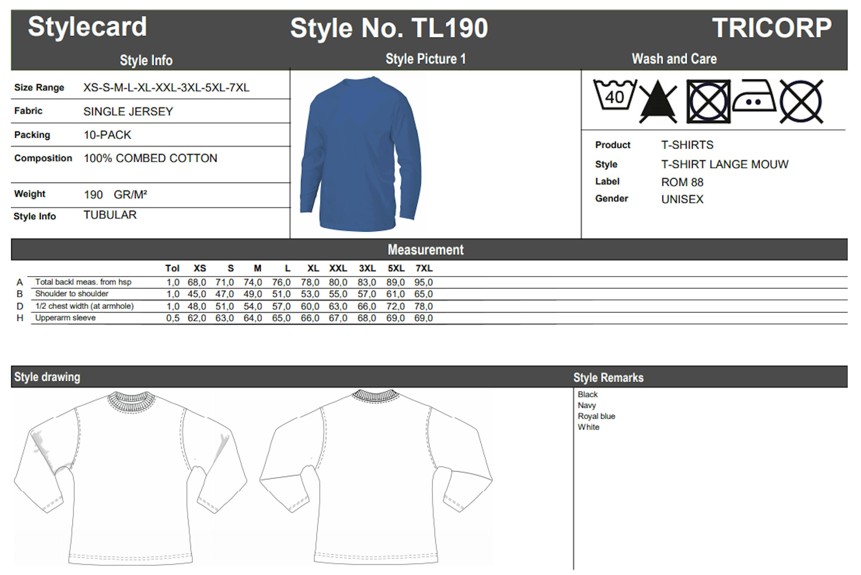 Maattabel voor Tricorp TL190 T-shirt lange mouw (101006)