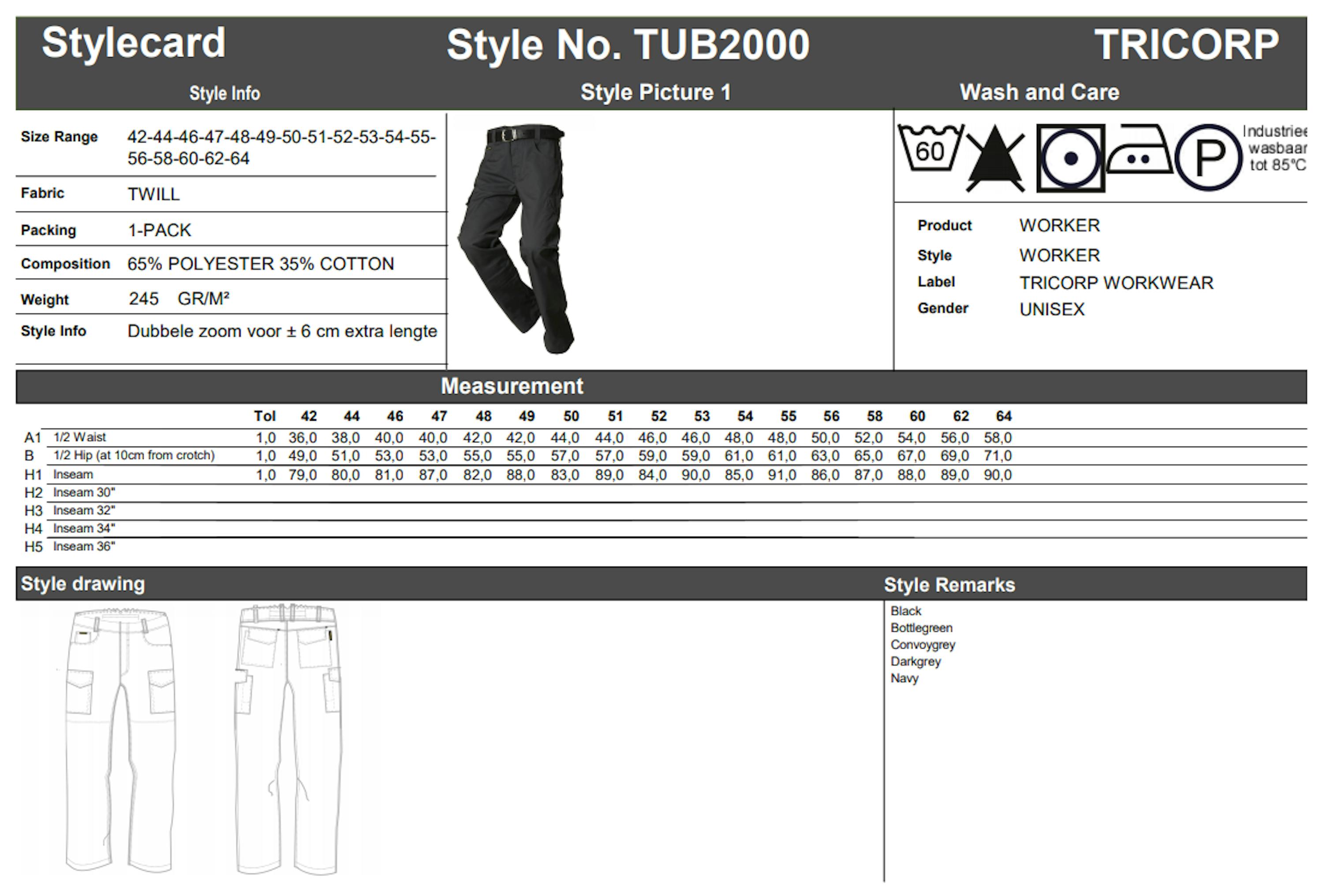 Maattabel voor Tricorp TUB2000 Worker (502008)