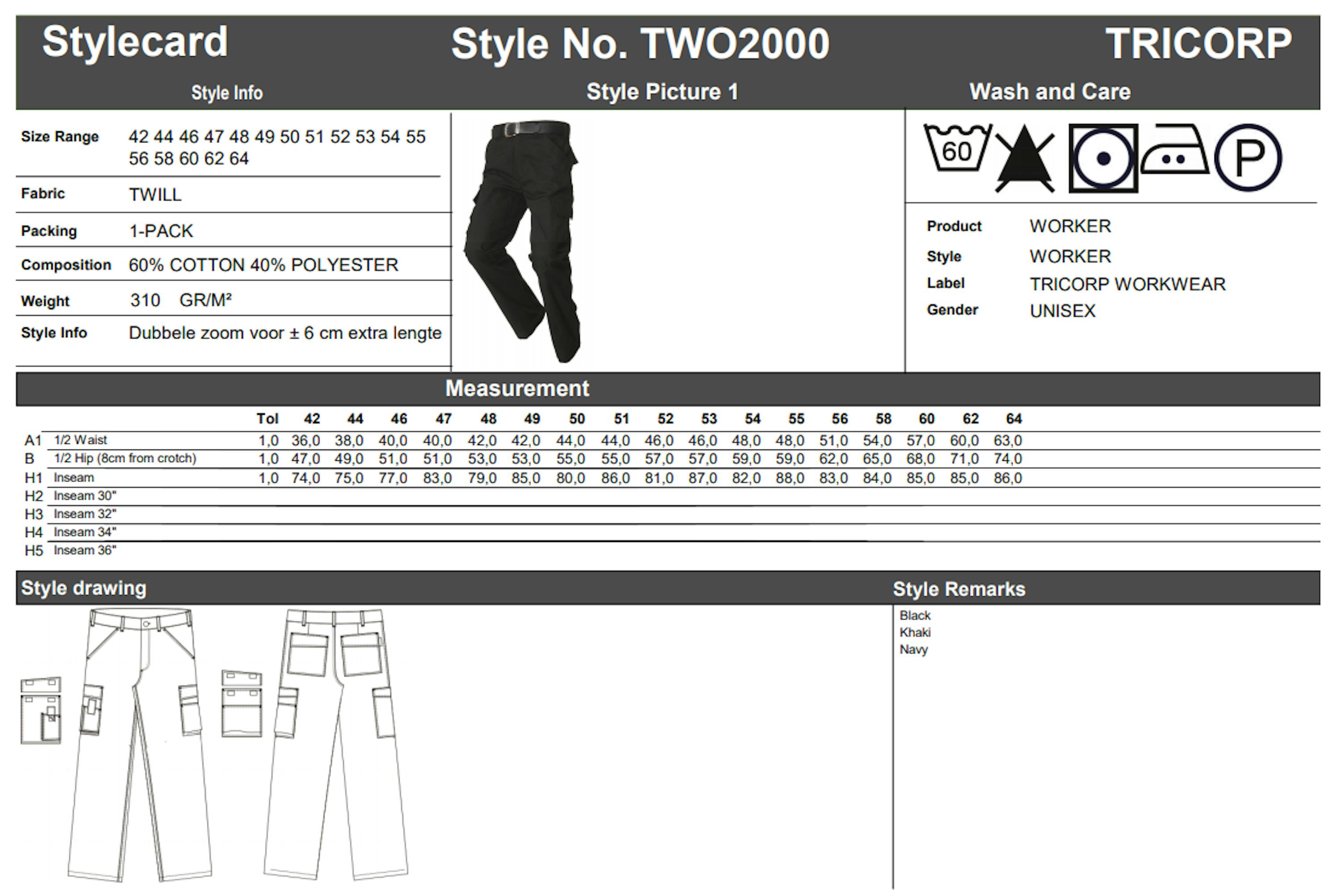 Maattabel voor Tricorp TWO2000 Worker (502010)