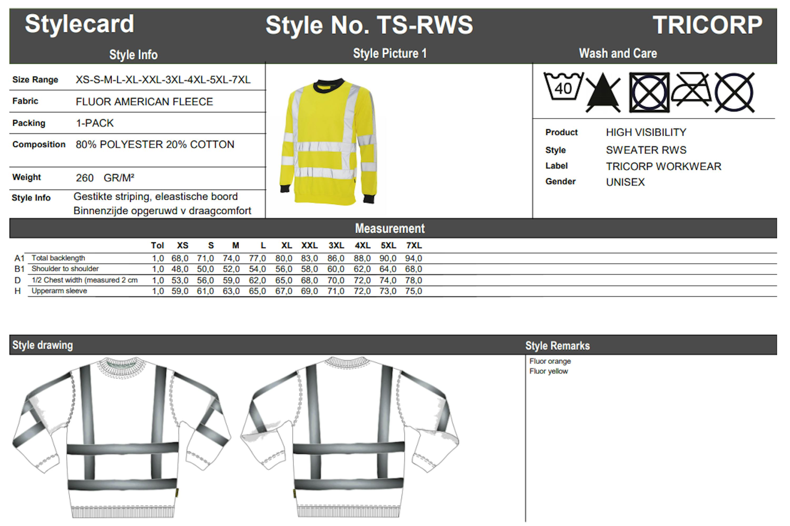 Maattabel voor Tricorp TS-RWS Sweater (303001)