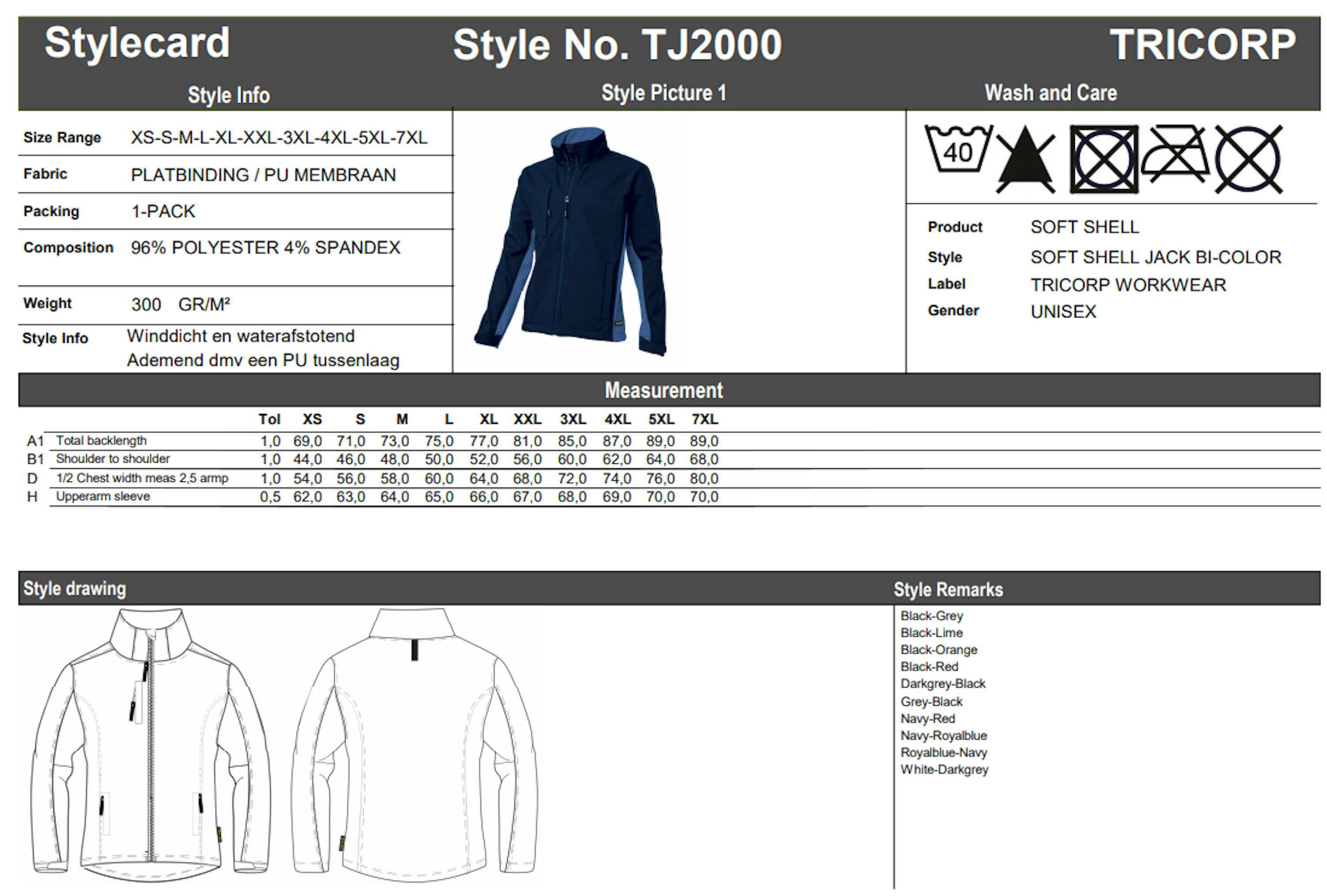 Maattabel voor Tricorp TJ-2000 softshell jack bi-color (402002)