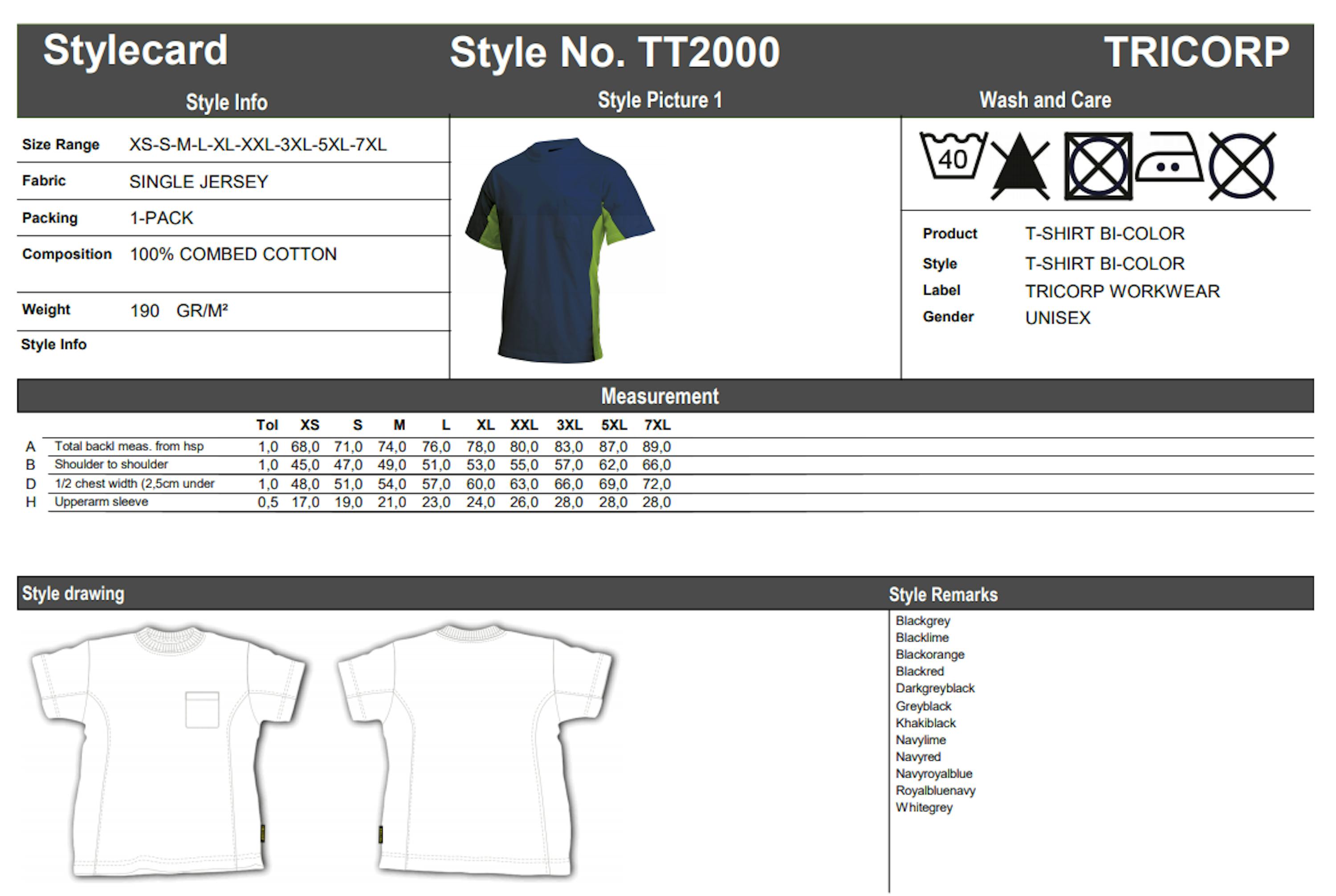 Maattabel voor Tricorp TT2000 T-Shirt Bi-Colour (102002)