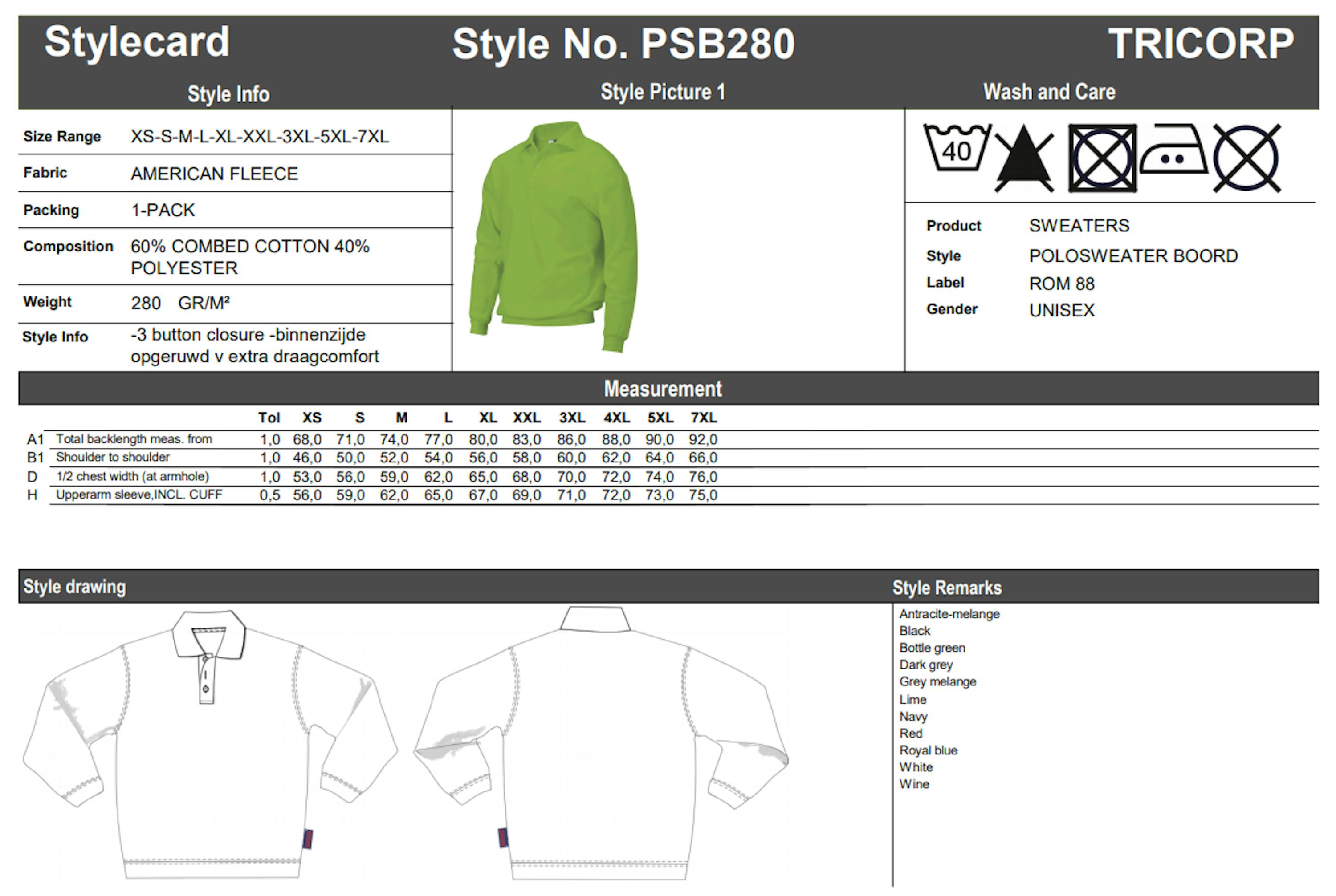 Maattabel voor Tricorp PSB280 Polosweater (301005)