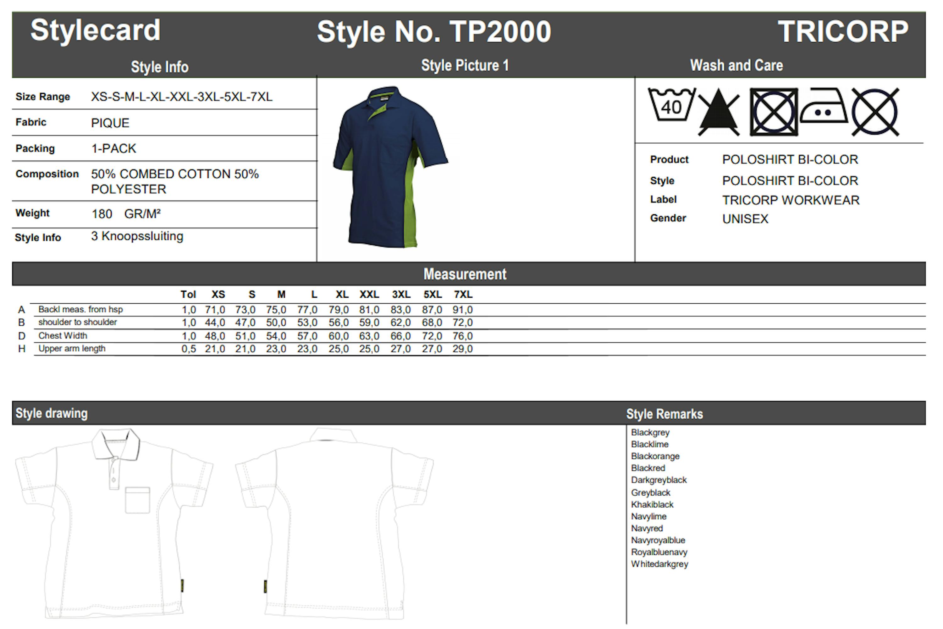 Maattabel voor Tricorp TP2000 Poloshirt Bi-Colour met borstzak (202002)