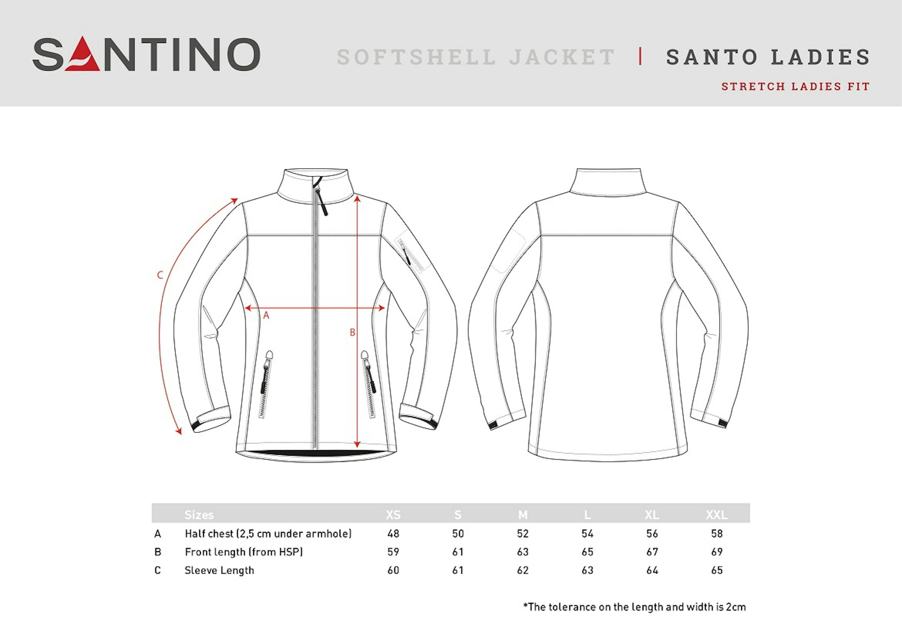 Maattabel voor Santino Softshell Santo Ladies