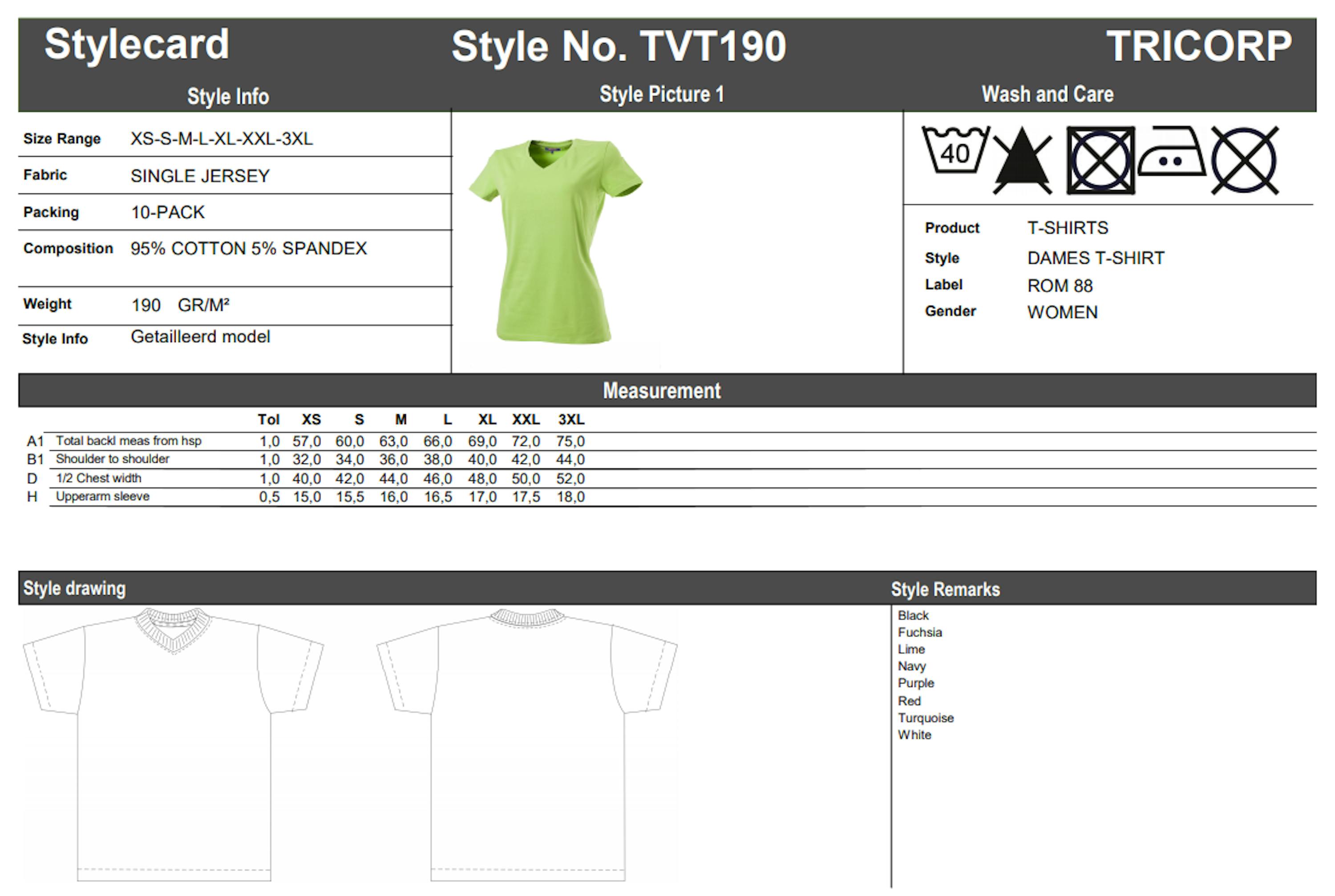 Maattabel voor Tricorp TVT190 dames T-shirt (101008)