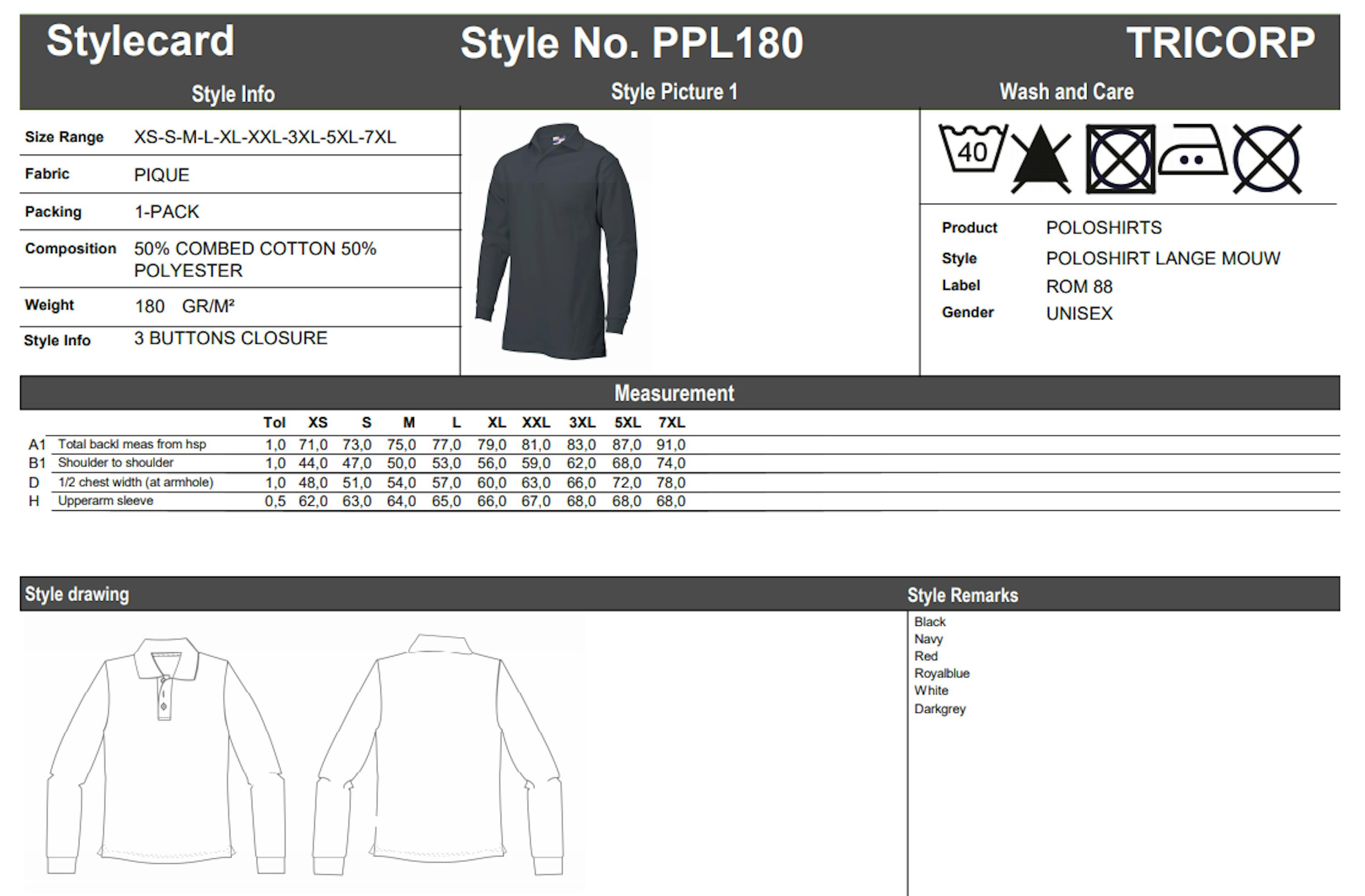 Maattabel voor Tricorp PPL-180 poloshirt lange mouw (201009)