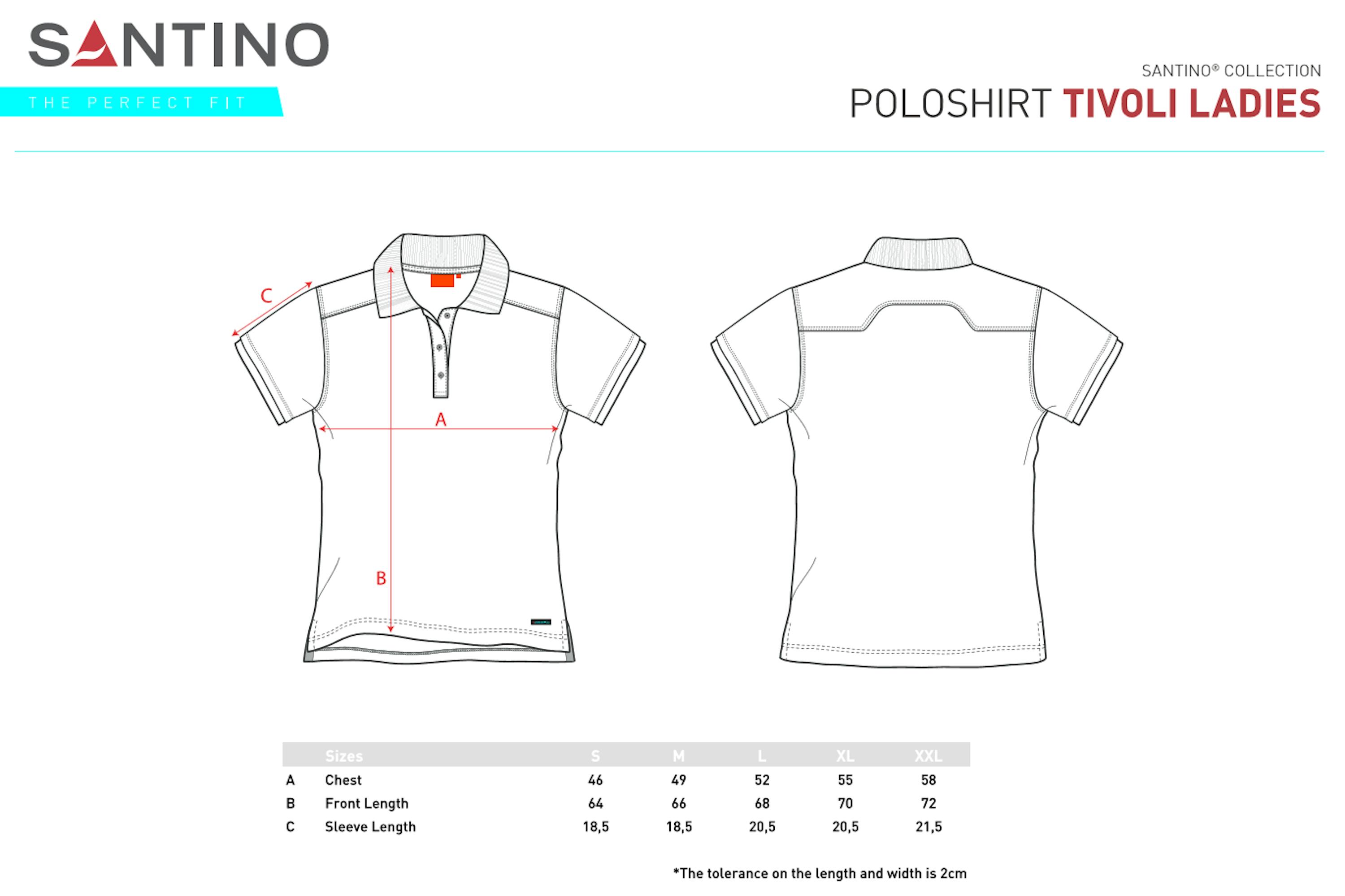 Maattabel voor Santino poloshirt Tivoli Ladies