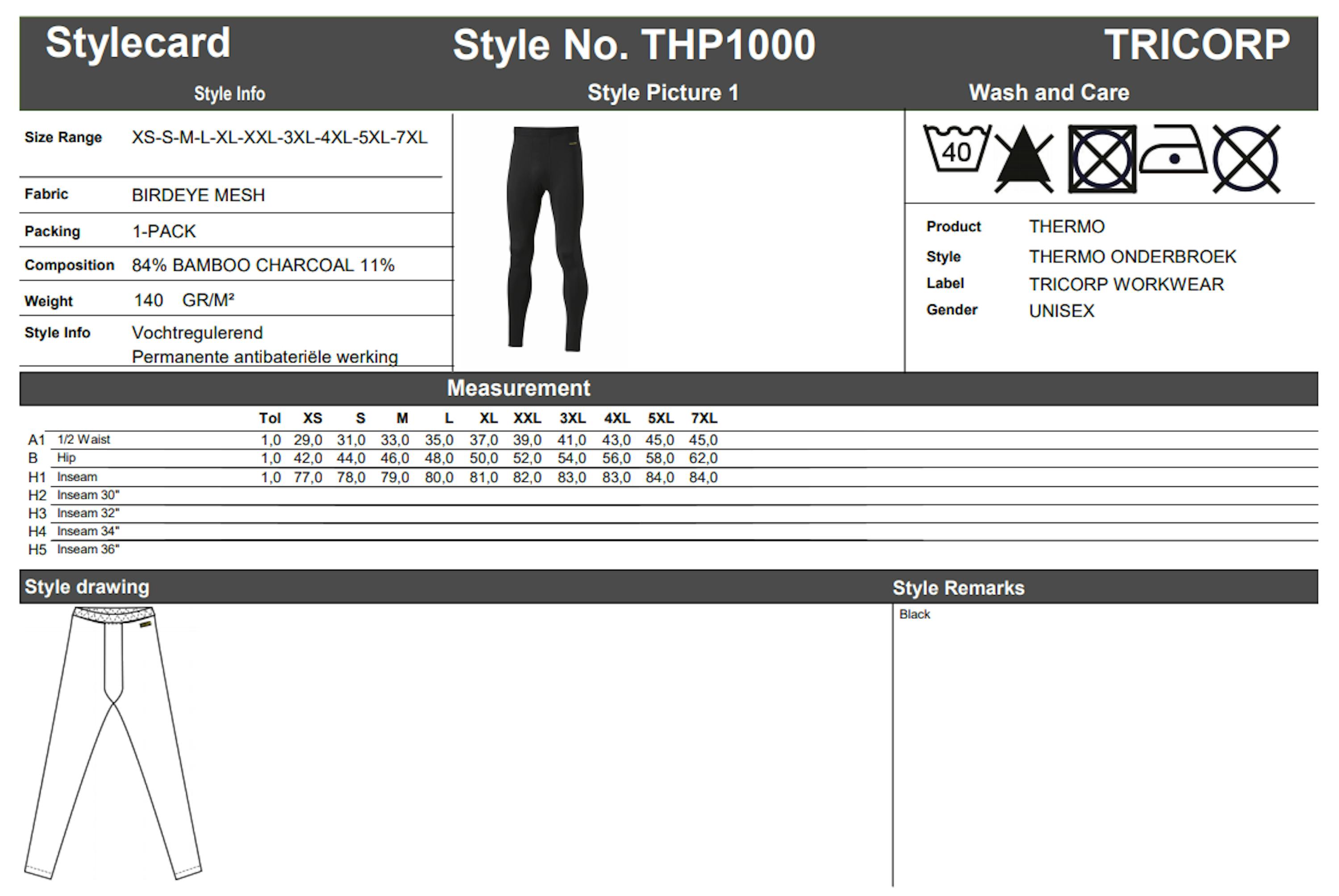 Maattabel voor Tricorp THP1000 Thermo Onderbroek Lang