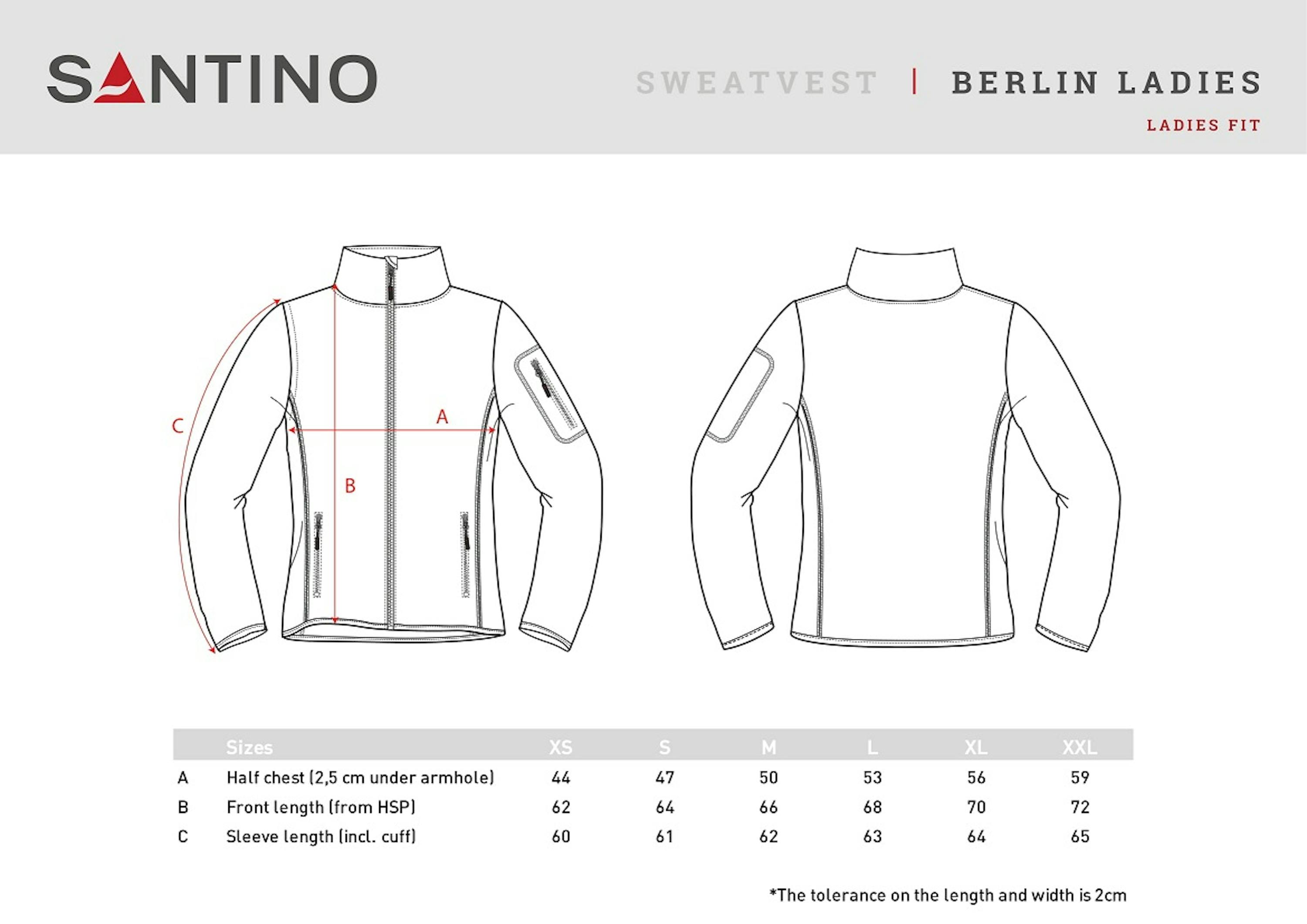 Maattabel voor Santino sweatvest Berlin Dames