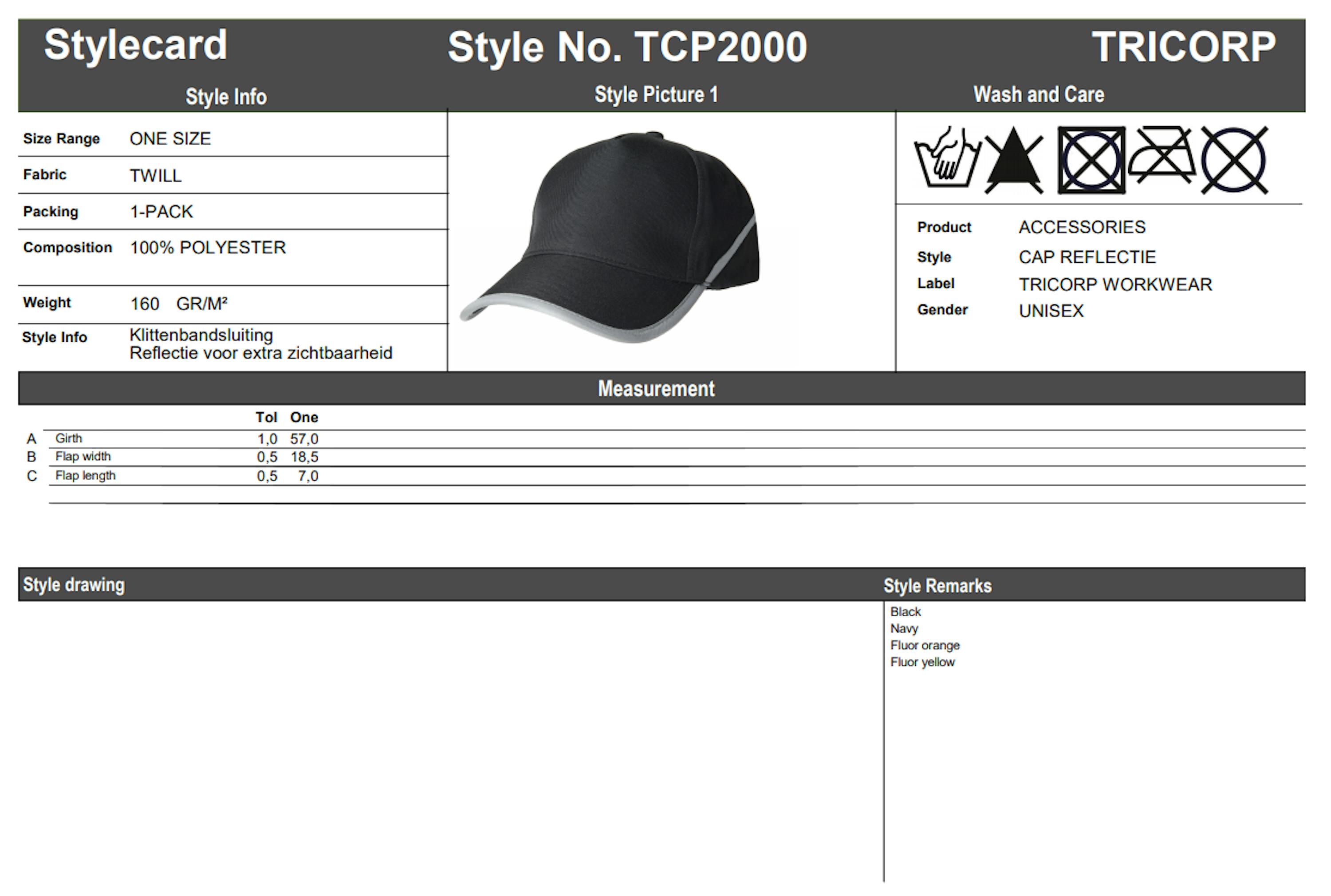 Maattabel voor Tricorp TCP2000 Tricorp Cap (653002)