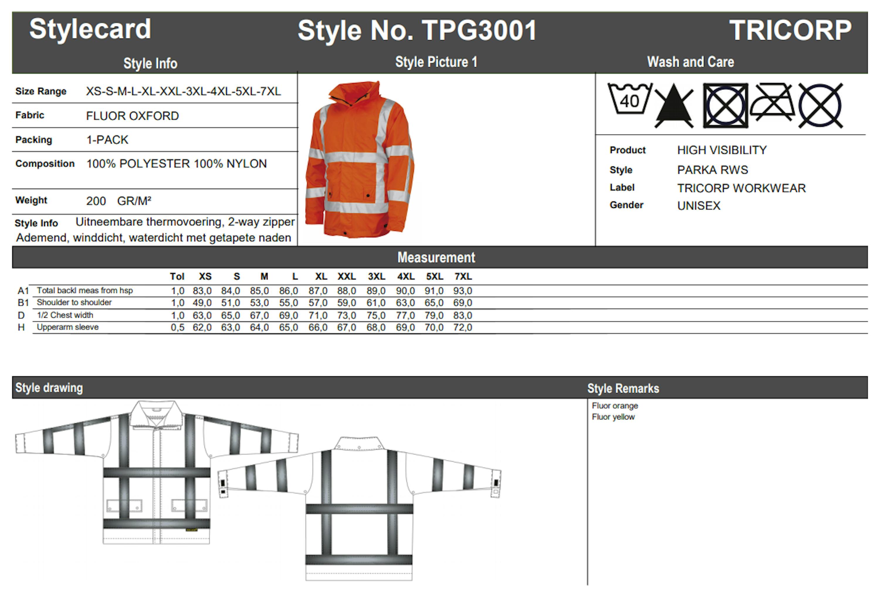 Maattabel voor Tricorp TPG3001 Parka RWS (403005)