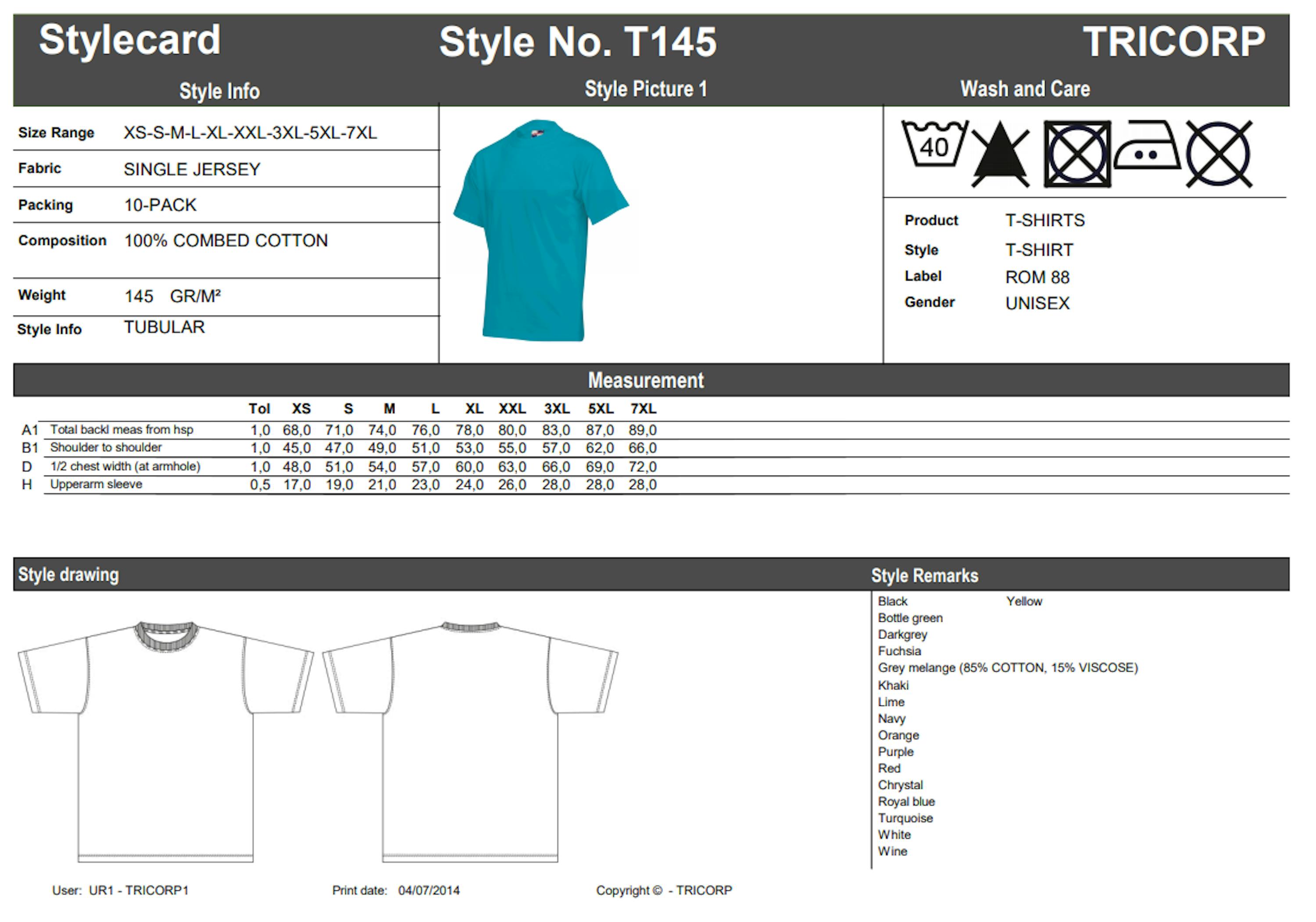 Maattabel voor Tricorp 101001 T-Shirt T145 (101001)