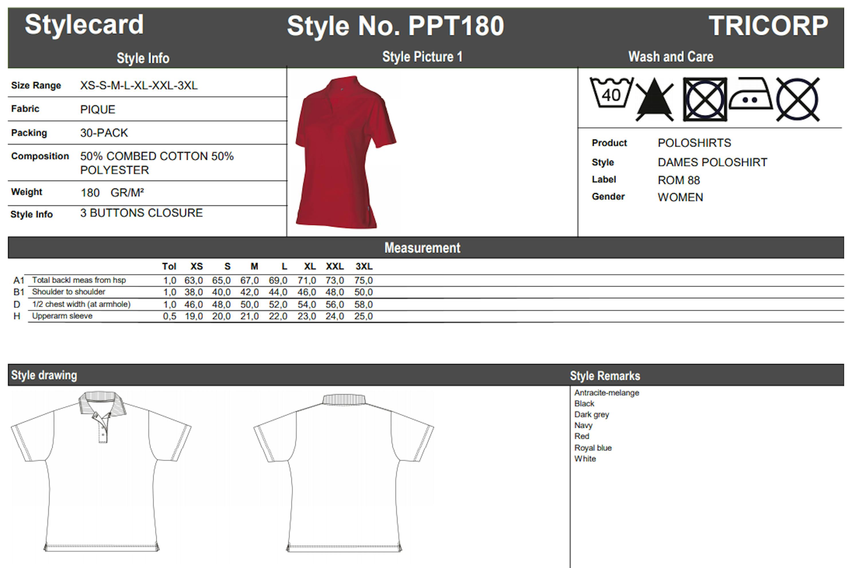 Maattabel voor Tricorp PPT-180 Dames Poloshirt (201010)