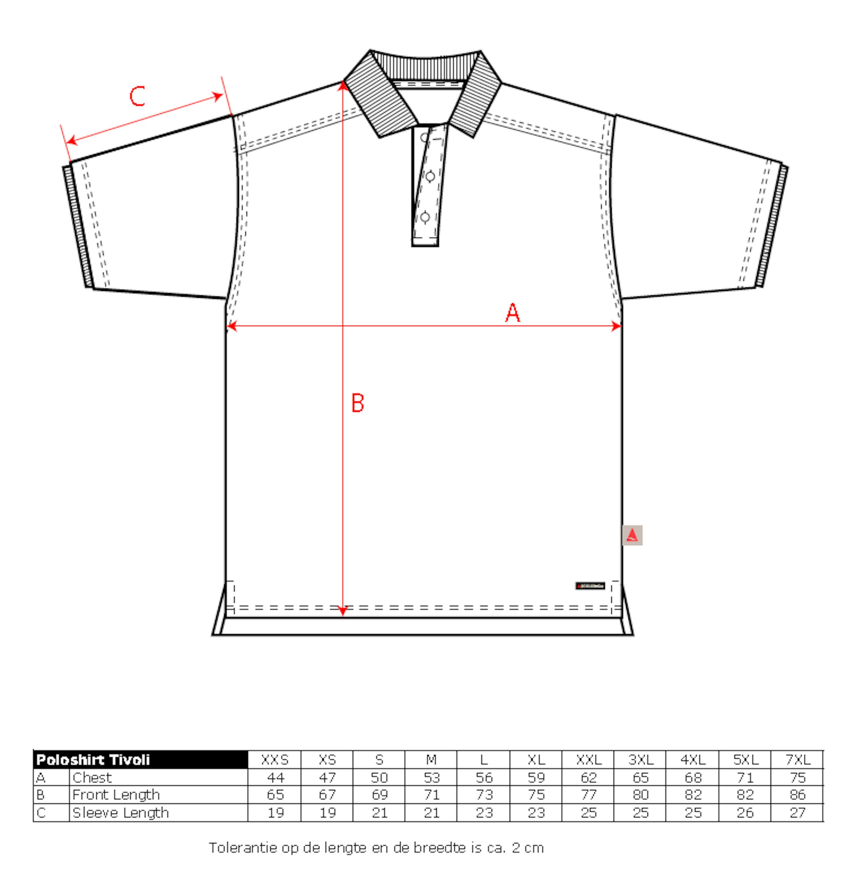 Maattabel voor Santino poloshirt Tivoli