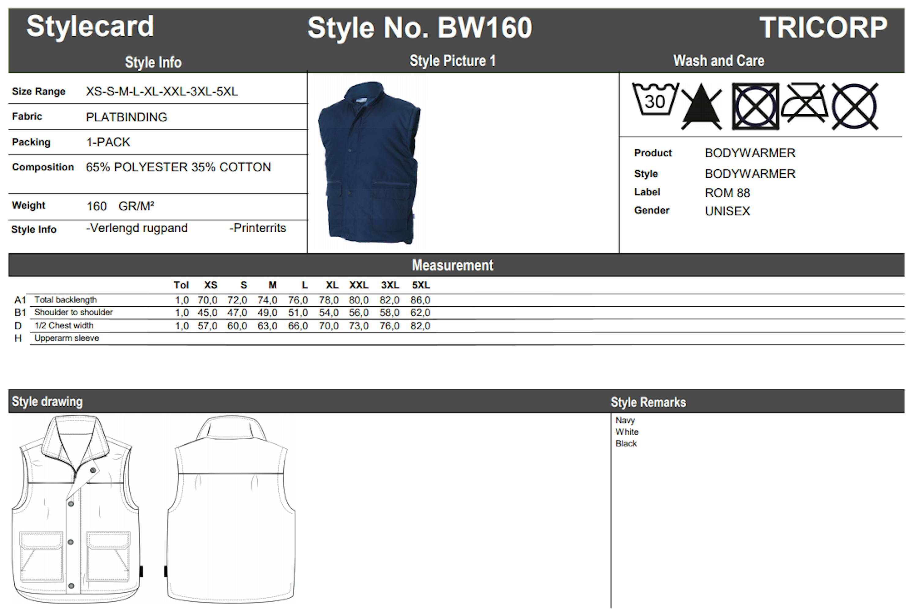 Maattabel voor Tricorp Bodywarmer Rom88 BW160 (401001)