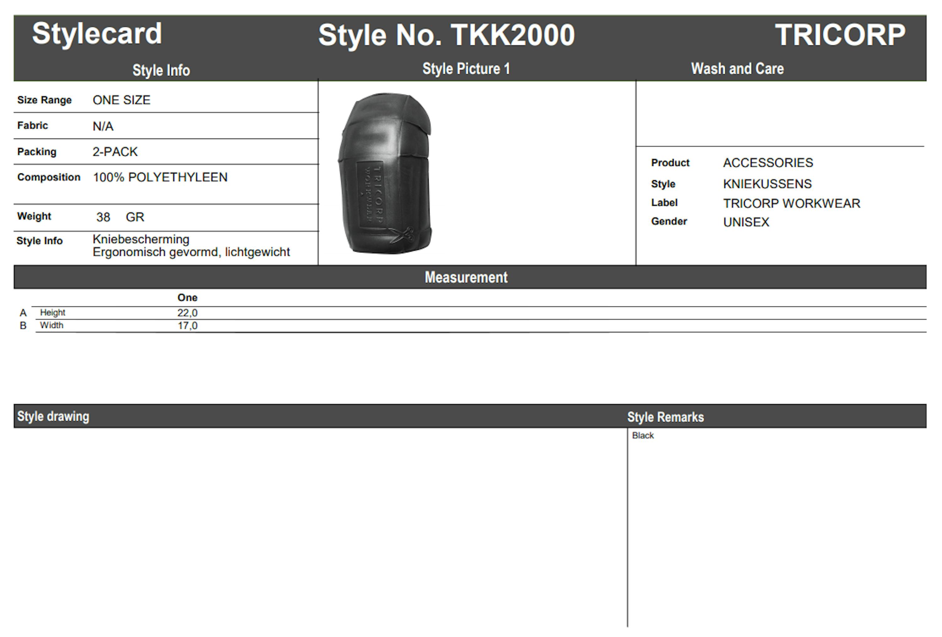 Maattabel voor Tricorp TKK2000 Kniekussens (652002)