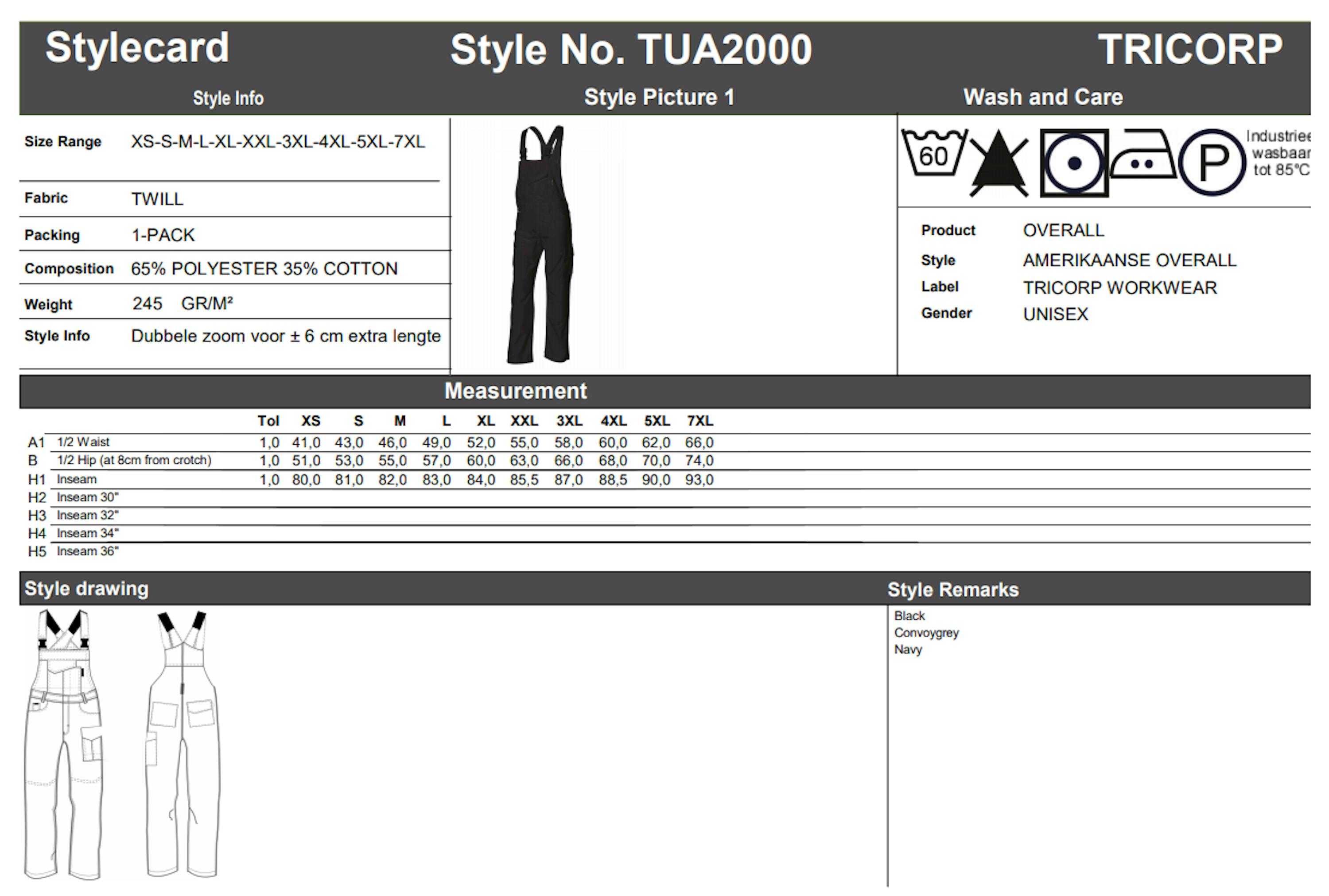 Maattabel voor Tricorp TUA2000 Am. Overall (752001)