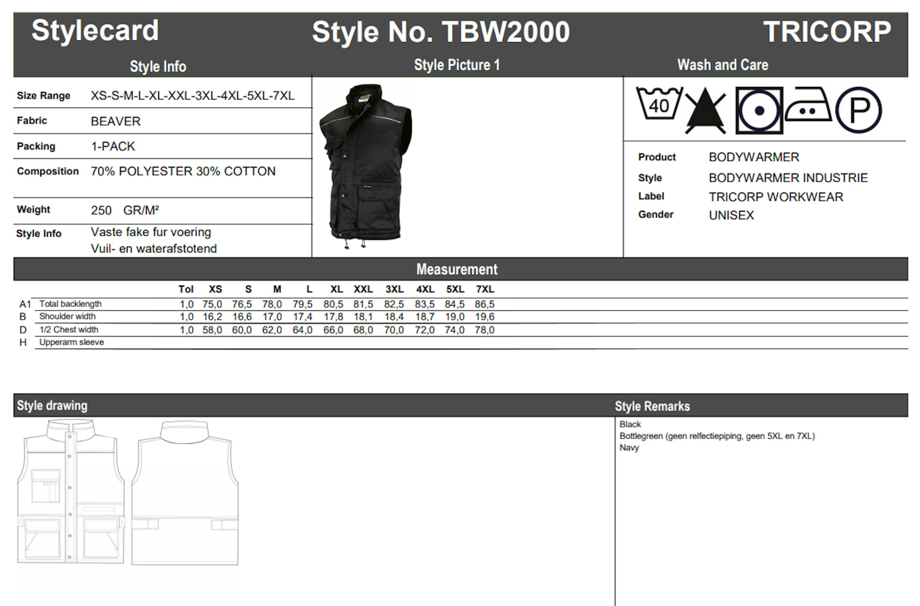 Maattabel voor Tricorp TBW2000 Bodywarmer (402001)